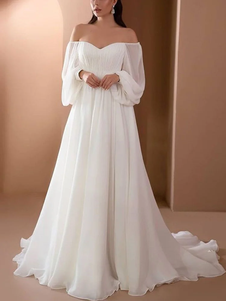 Fashion Long Sleeved Off The Shoulder White Floor Length Evening Dresses