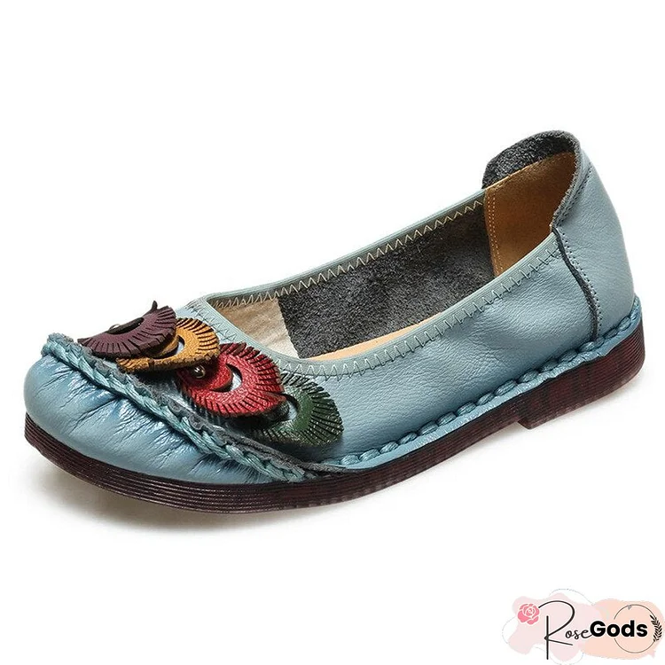 Genuine Leather Women Shoes Casual Flower Single Flat Round Toe Style Boat Shoes Soft Comfortable Women Flats