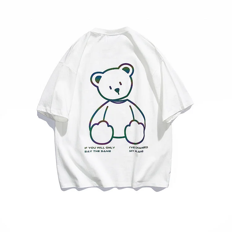 Summer Back Cartoon Bear Laser Printed Short-Sleeved T-shirt Men's Fashionable Loose Casual Student Top