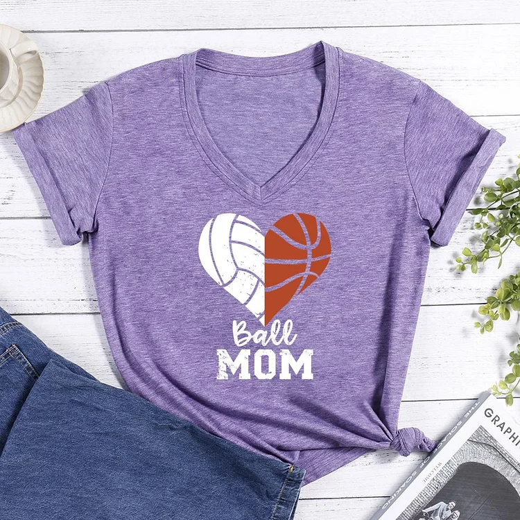 Ball Mom Heart Volleyball Basketball Mom V-neck T Shirt-Annaletters