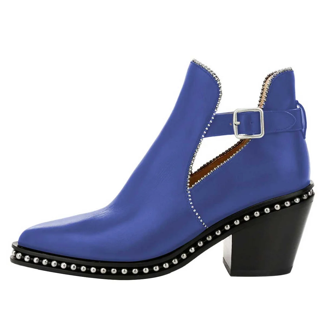 Blue Chunky Heel Studded Buckle Strap Pointed Toe Booties for Women