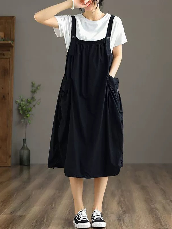 Casual Loose Strap Ruched Pocket Midi Dress