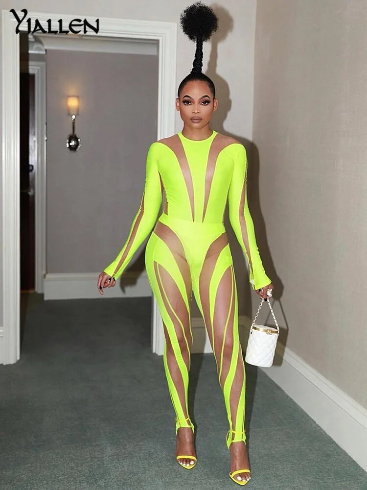 Yiallen Sexy Mesh Patchwork Bodysuit Women Solid Long Sleeve Hipster Cleavage Body-Shaping One Piece Party Style Female Clubwear