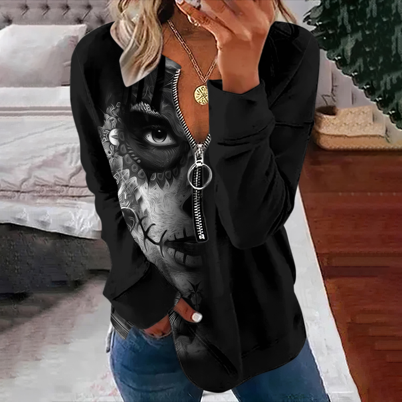 Day Of The Dead Skull Printed V-Neck Zipper Sweatshirt wearshes