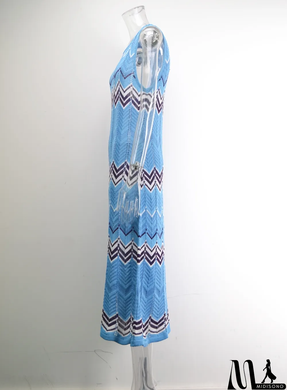 MidiSono - Women Summer Blue Hollow Knitted Stitching Plus Size Long Seaside Holiday Skirt