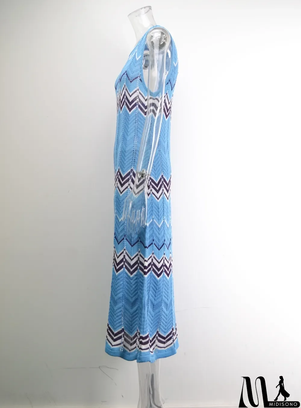 MidiSono - Women Summer Blue Hollow Knitted Stitching Plus Size Long Seaside Holiday Skirt