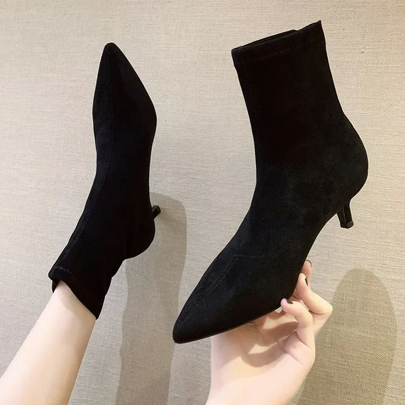 Women's Knitted Ankle Boots Women Shoes Woman Pointed Toe Stretchy Chunky Thin High Heels Fashion Sock Short Boots