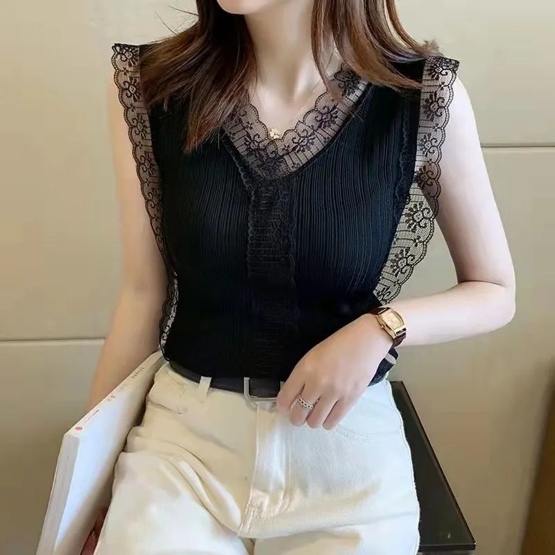 Jangj V-Neck Solid Lace White Knit Tank Top 2022 Korean Style Elegant Professional Tanks Solid Color Slim Clothing for Female