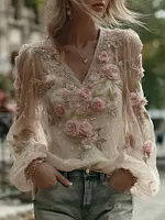 Women's Pink Rose Embroidered Linen Blend V-neck T-shirt