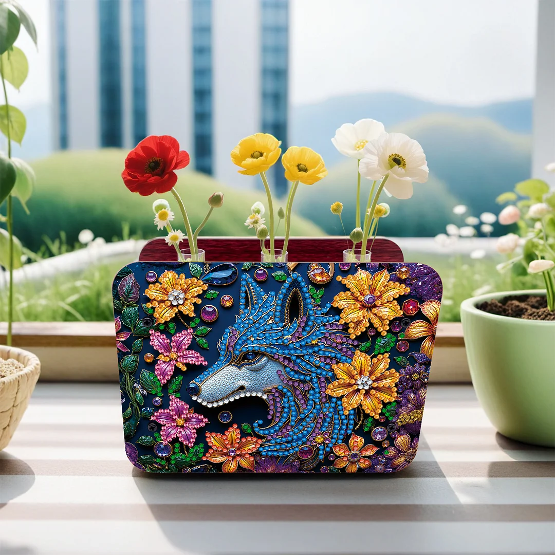 Wolf DIY Flower Vase Wooden Double Sided Desktop Diamond Art Kit for Home Decor