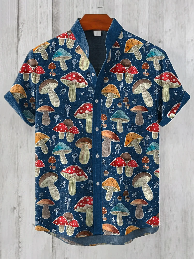 Men's Vintage Mushroom Art Print Linen Blend Casual Shirt