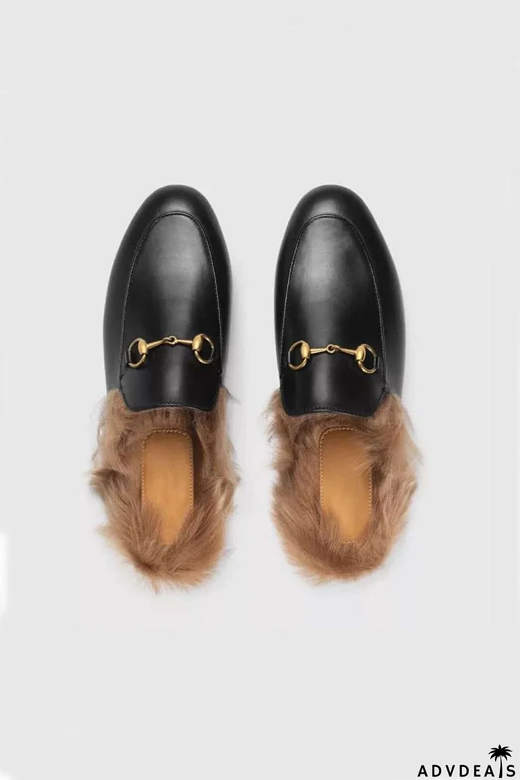 Rabbit Fur Lined Leather Loafer Mules