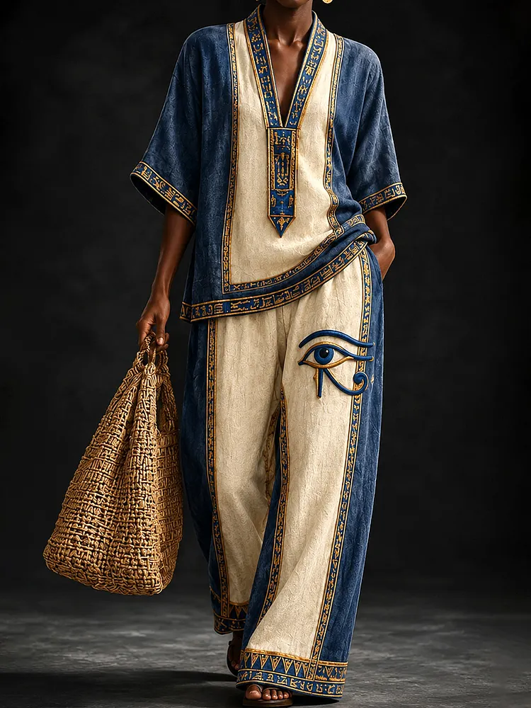 Women&rsquo;s Navy & Ivory Egyptian Eye Kaftan Set with Gold Hieroglyphic Detailing