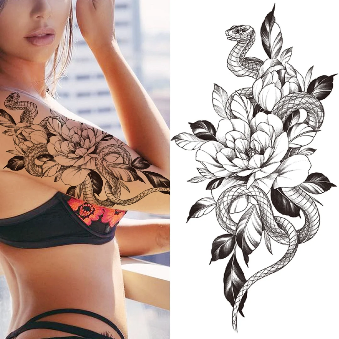 Realistic Fake Peony Temporary Tattoos For Women Girl Black Rose Elephant Flower Tattoo Sticker Tiger Anemone Tatoos Half Sleeve 1118