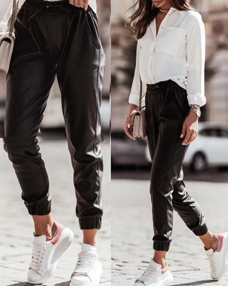Pocket Design PU Leather High Waist Lined Pants-verytown-Allyzone