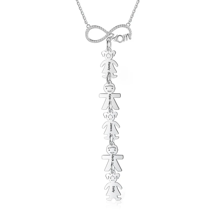 Infinity Necklace with 5 Kid Charms Engraved Names Mom Necklace