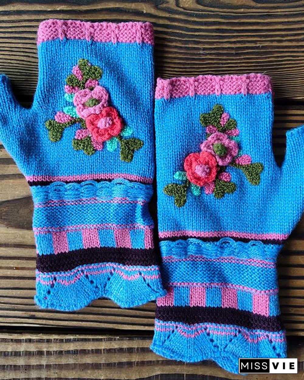 Casual Flower Decor Knitted Gloves Handwarmers