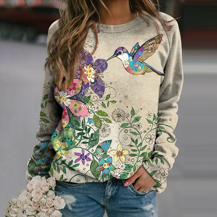 Wearshes Casual Bird and Flower Art Printed Long Sleeve Sweatshirt