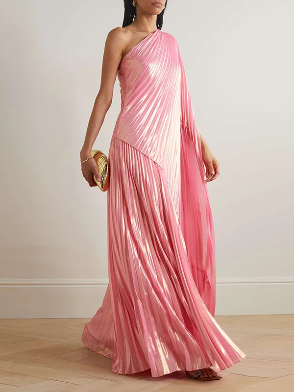 Asymmetric Pleated Loose One-shoulder Maxi Dresses