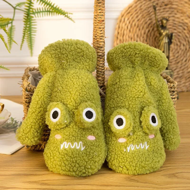 Autumn Winter Velvet Gloves Cute Frog Knit Twist Flowers Mittens Thickening Warm Full Finger Gloves Guantes