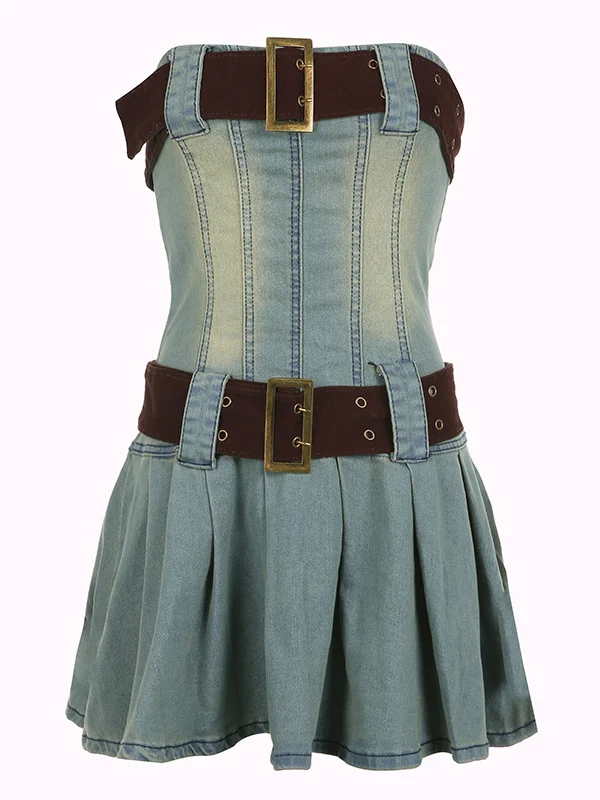 Vintage Denim Strapless Paneled High-rise Pleated Mini Dress