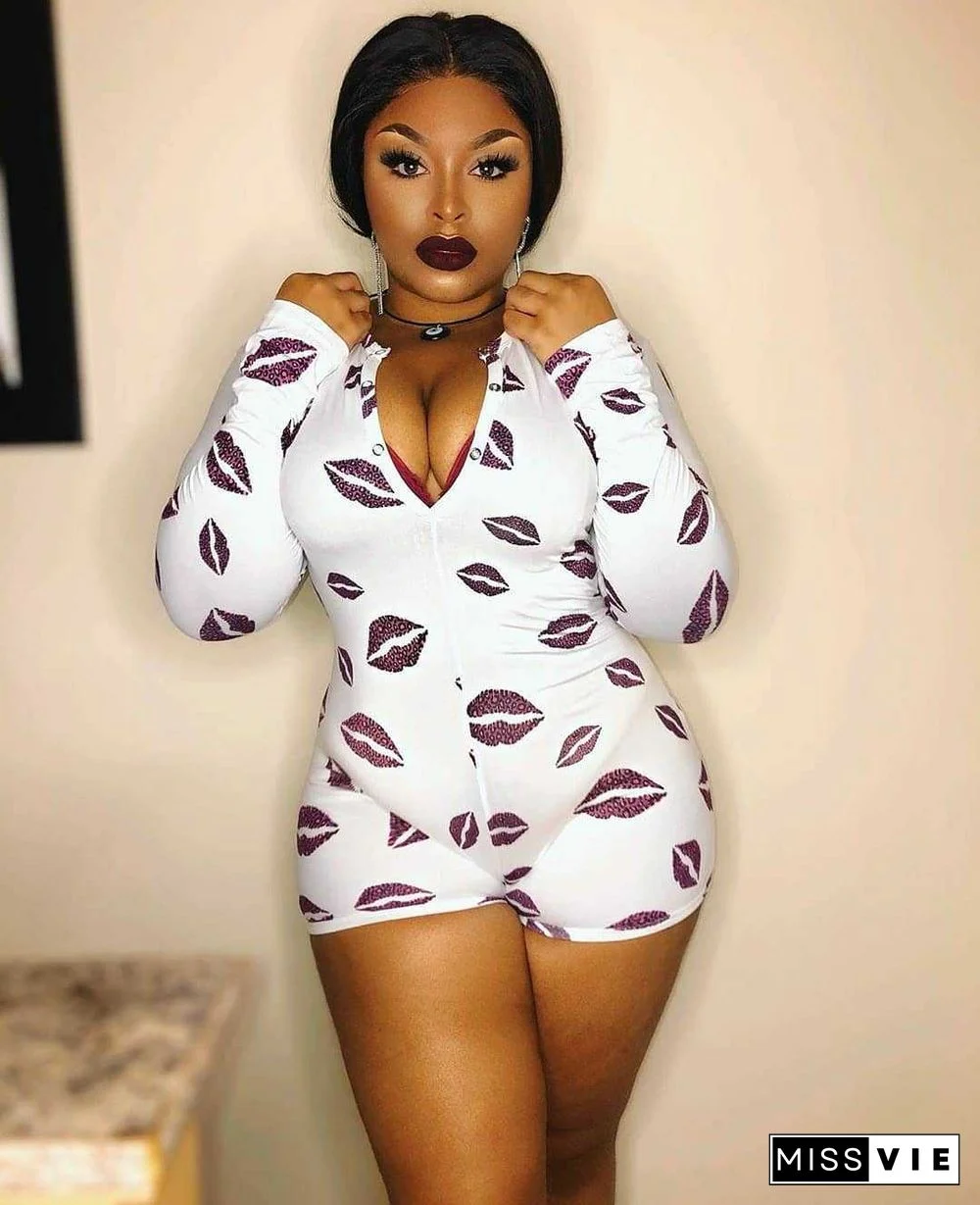 Sexy Printed Long Sleeve Medium Waist Tight Lift Hip Romper