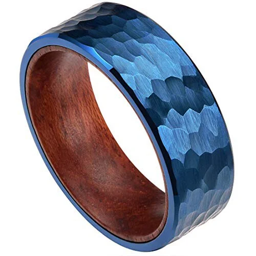 8MM Women's Or Men's Blue Hammered Finish Tungsten Carbide Wedding Rings with Inside Wood Inlay