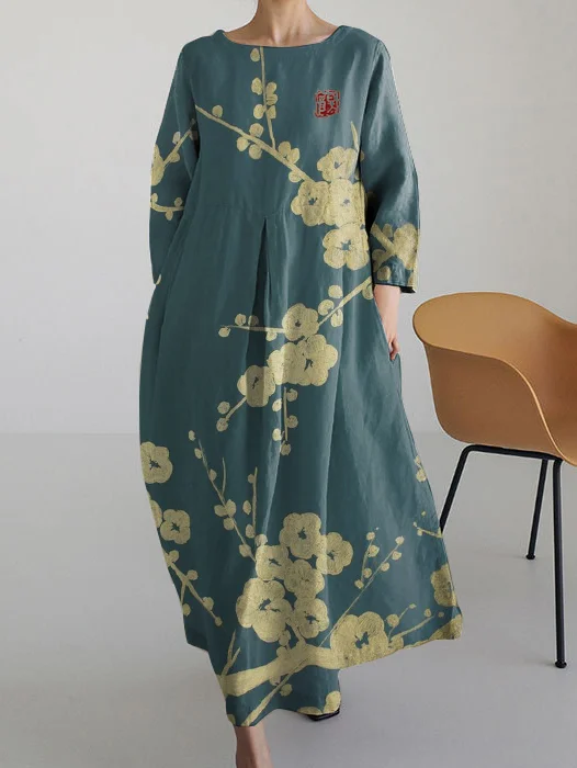 Japanese Sakura Art Round Neck Long Sleeve Dress