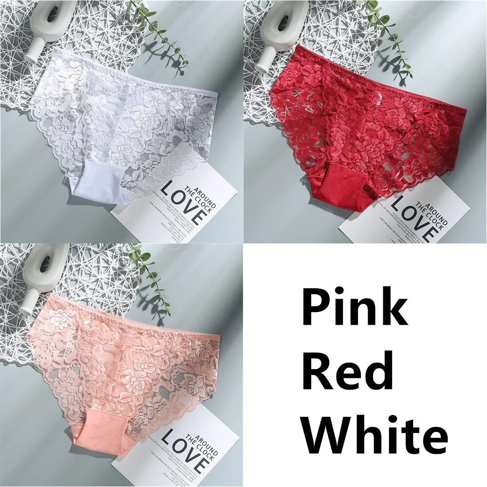 3Pcs Sexy Low Waist Women's Underwear Lace Plus Size Seamless Panties Breathable Lingerie Female Briefs Solid Hollow Underpants
