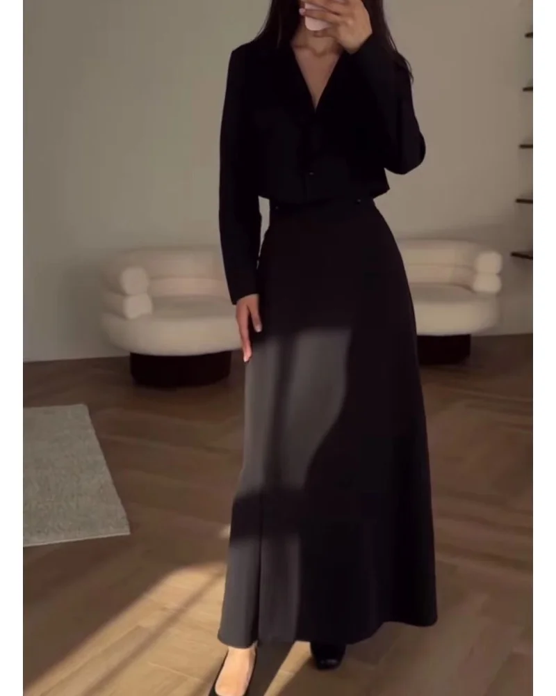 Fall black deep V long sleeve suit dress