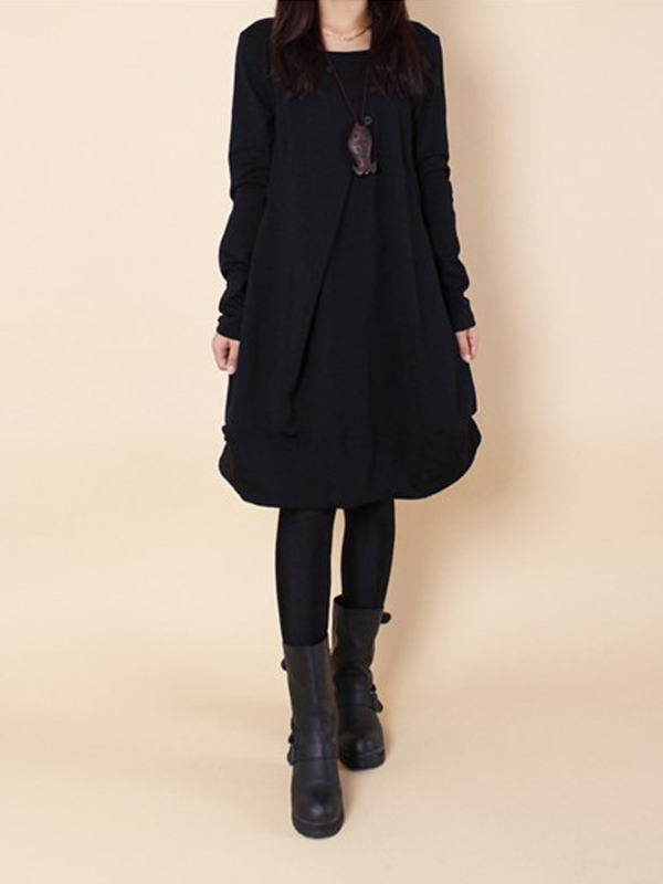 Casual Loose Pleated Round Neck Long-Sleeved Midi Dress