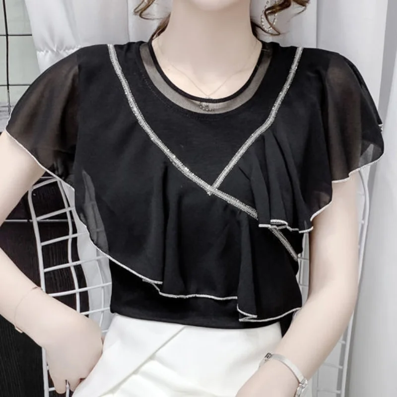 Jangj and White Patchwork Stripes Chiffon Shirt Short Sleeve Round Neck Blouse for Female 2022 Spring Summer Korean Casual Shirt