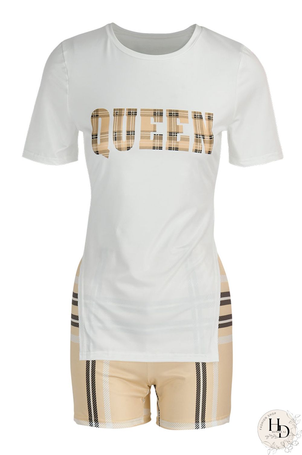 Brown Casual Print Patchwork Slit O Neck Short Sleeve Two Pieces