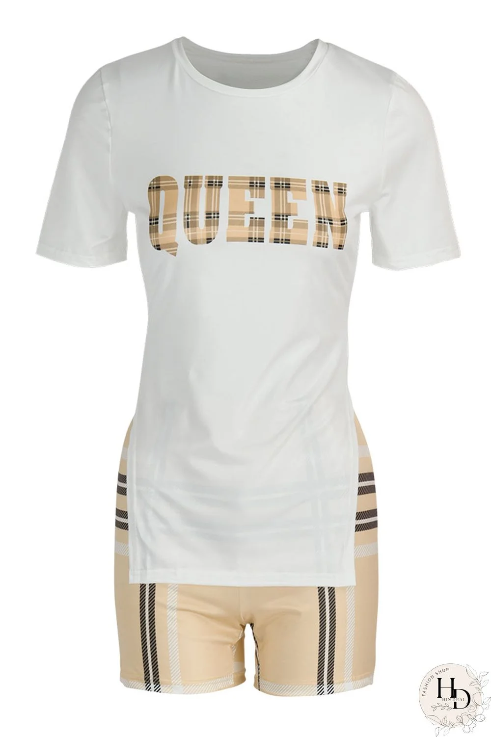 Brown Casual Print Patchwork Slit O Neck Short Sleeve Two Pieces