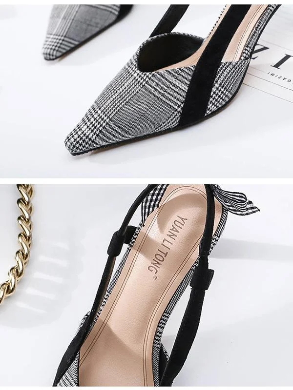 Small pointed toe plaid fashion high-heeled bowknot women's sandals