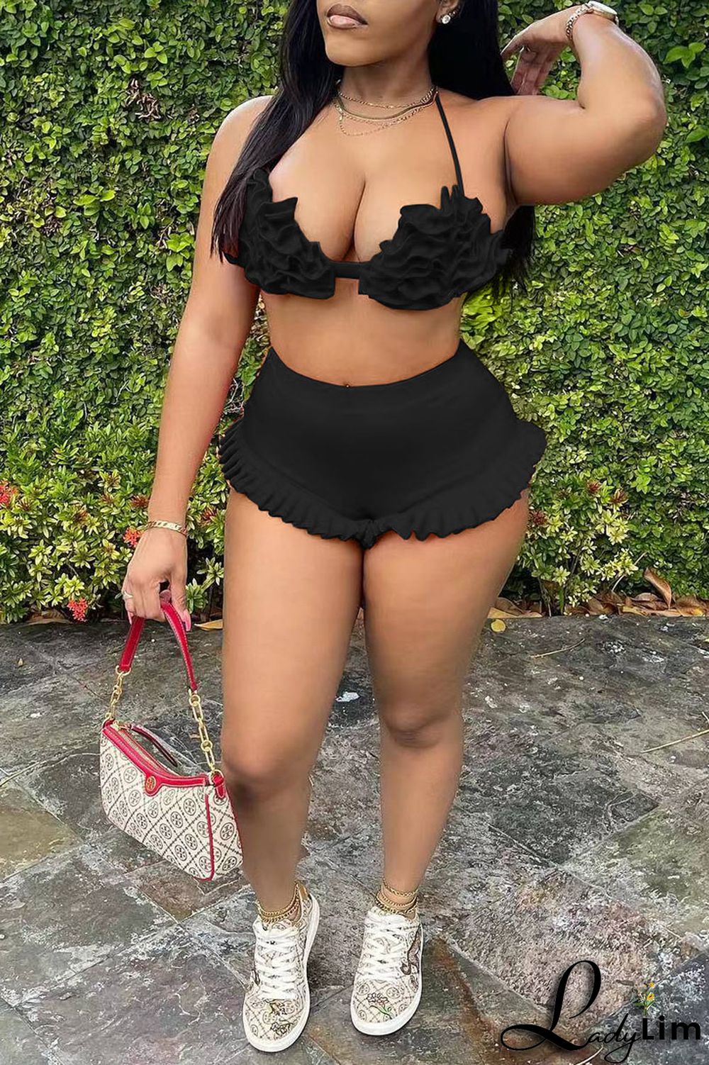 Pink Sexy Solid Split Joint Halter Sleeveless Two Pieces