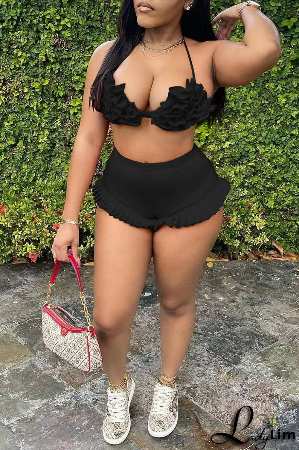 Pink Sexy Solid Split Joint Halter Sleeveless Two Pieces