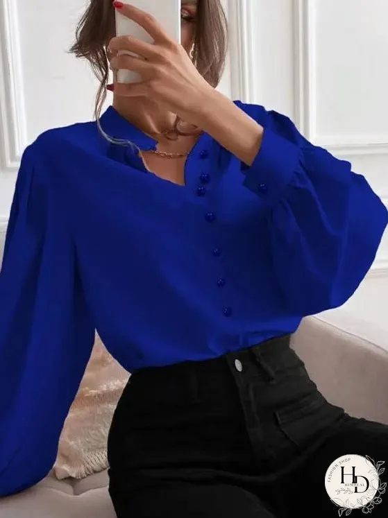 Blouses Solid Lapel Button Long Sleeve Blouse for Women