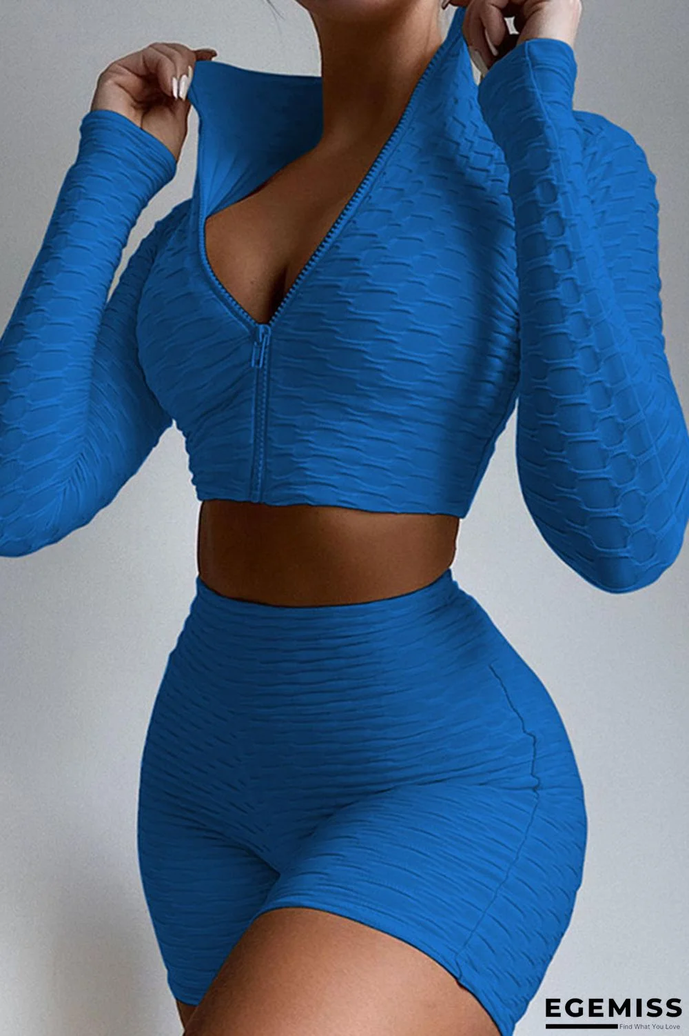 Blue Sportswear Solid Patchwork Zipper Collar Long Sleeve Two Pieces | EGEMISS