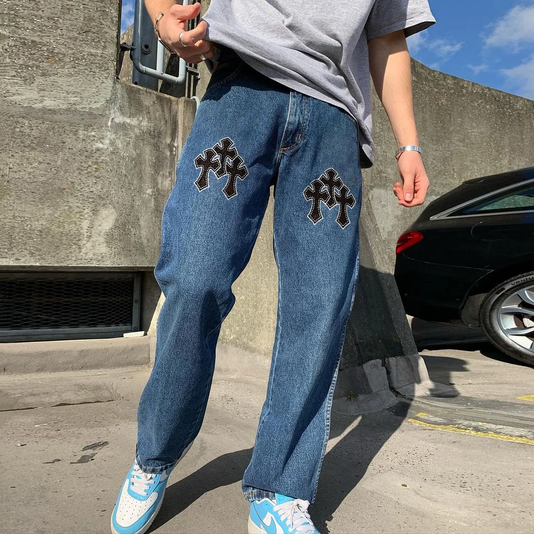 Casual fashion cross print straight-leg jeans