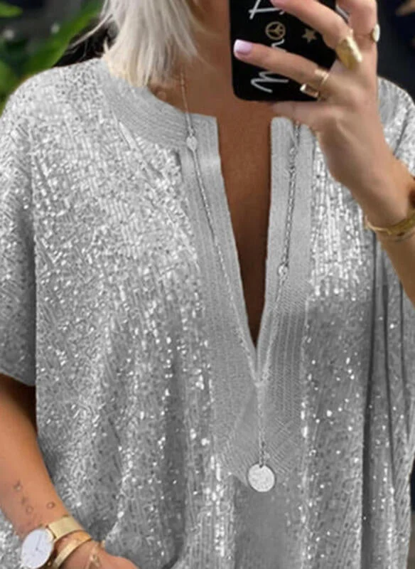 Brownm Hipster Loose Sequins V-neck Short Sleeve Casual Shirt