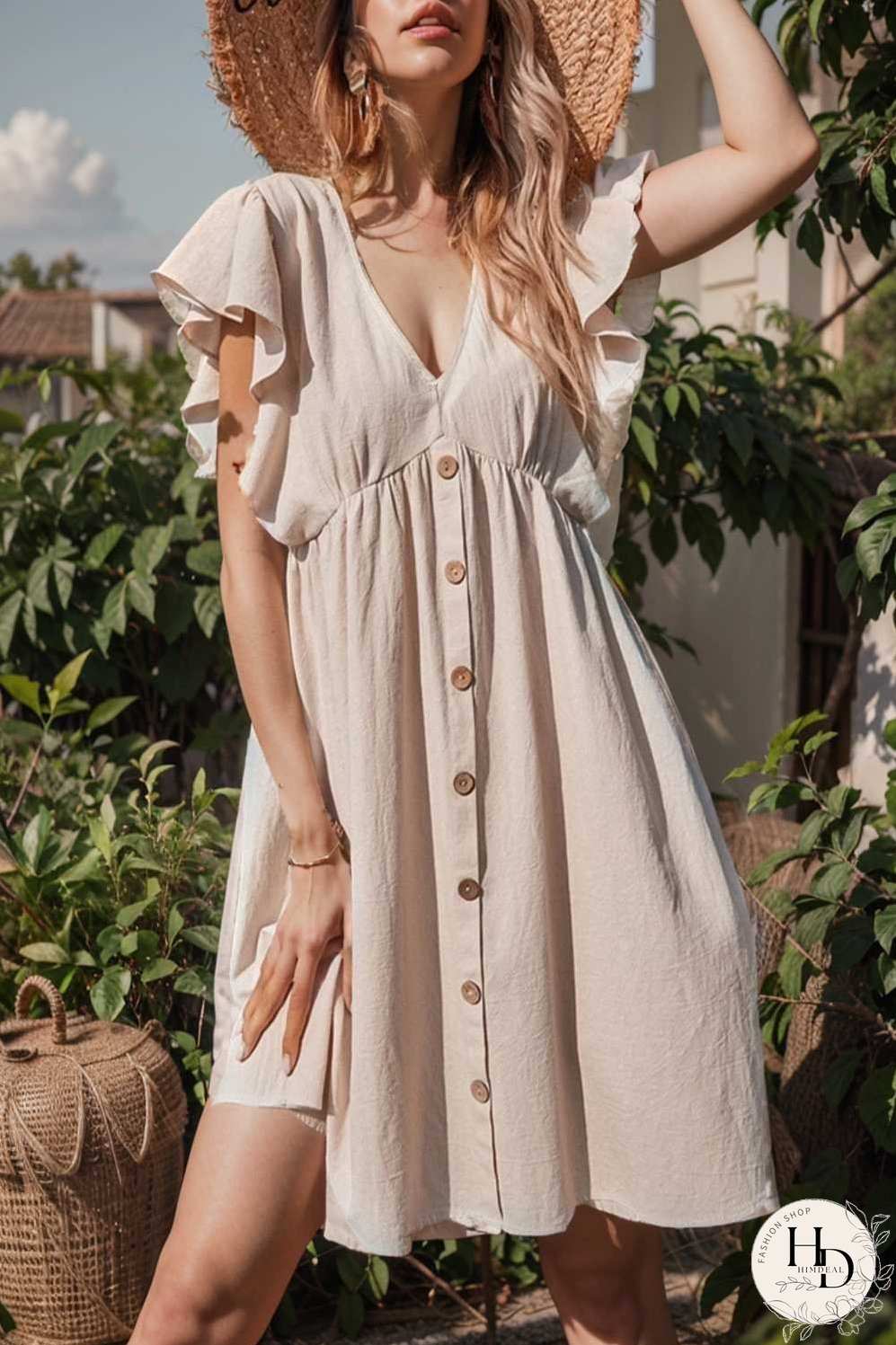 v neck button up all match fashion mini dress