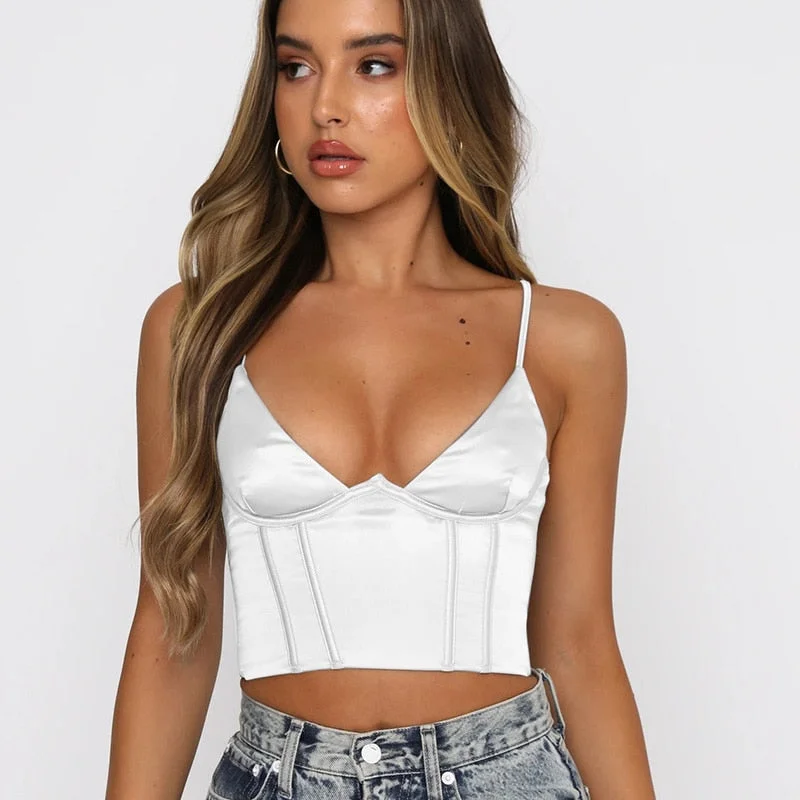 Sexy Spaghetti Strap Bustiers Bra Women Camisoles Solid Color Low Cut V-Neck Crop Tops Lady Club Party Vest Sling Slim Fit Camis