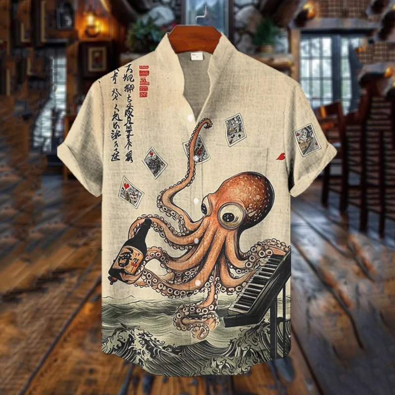 Men's The Octopus Plays The Piano With Wine Print Short Sleeve Shirt