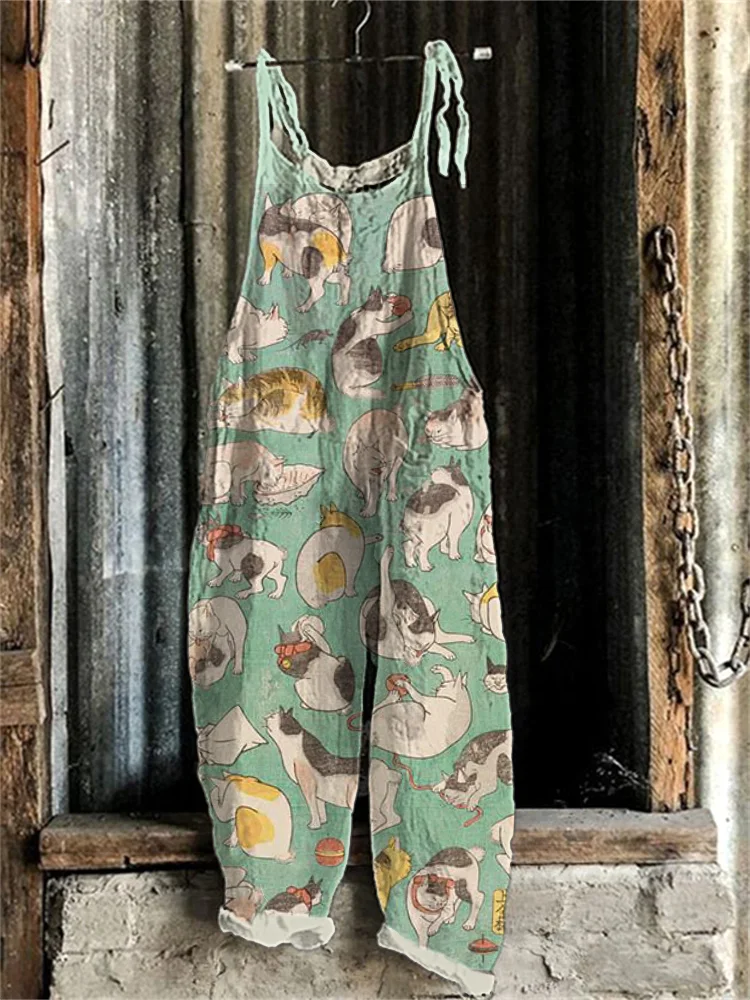 Japanese Art Lucky Cat Print Cotton Blend Jumpsuit