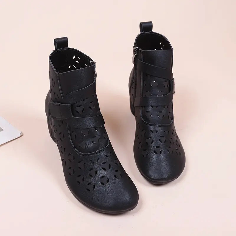 Hollow Out Boots Women Retro Style Side Zip Mid Heels Shoes