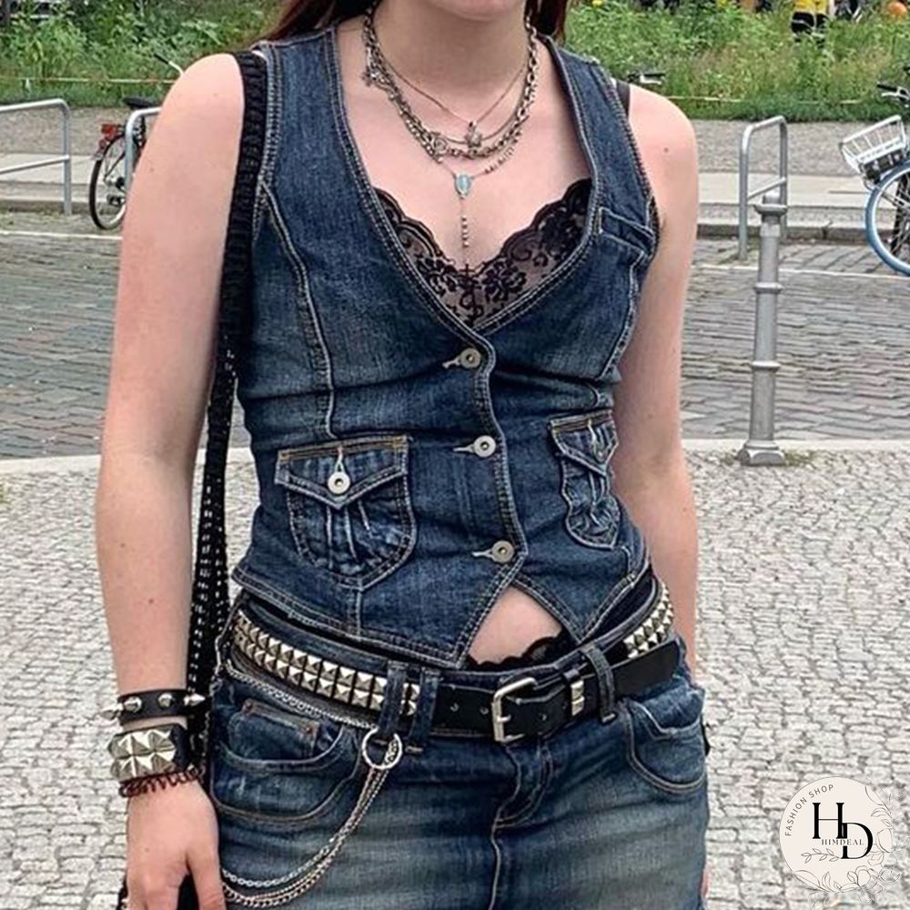 Y2K Pockets Jeans Corset Top Button V Neck Cargo Retro Sweats Tank Tops Women Streetwear Aesthetic Vest Summer 90S Tee