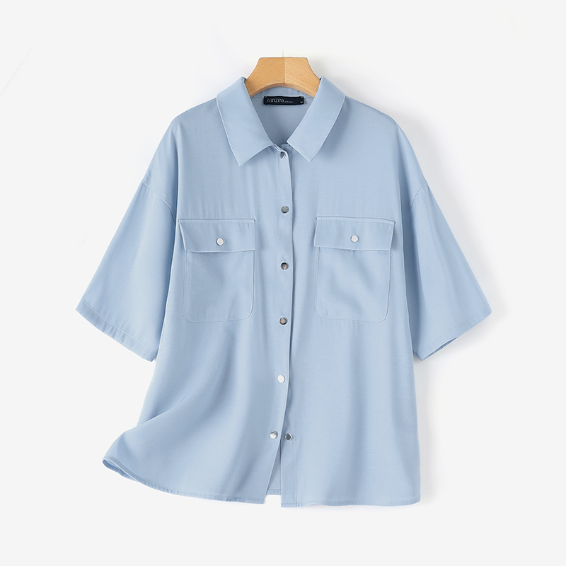 ZANZEA Female OL Work Tunic Tops Summer Elegant Shirt Women Short Sleeve Denim Blue Blouse Casual Lapel Neck Buttons Up Blusas