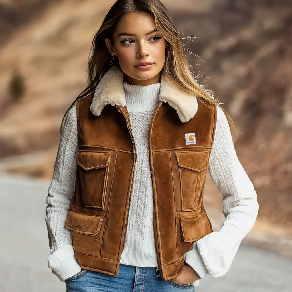 Women's Vintage Suede Multi-Pocket Fur Collar Lapel Vest