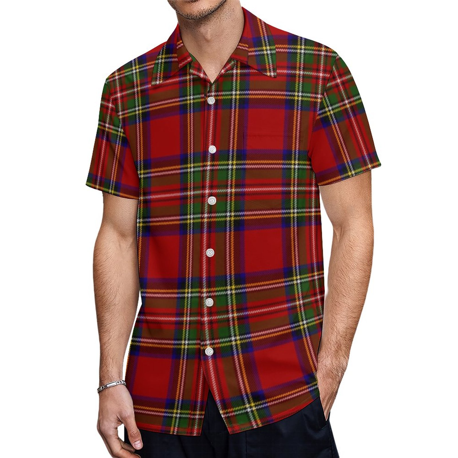 Royal Stewart Tartan Plaid Scottish Pattern Hawaiian Shirt Mens Button Down Tropical Hawaii Beach Shirts